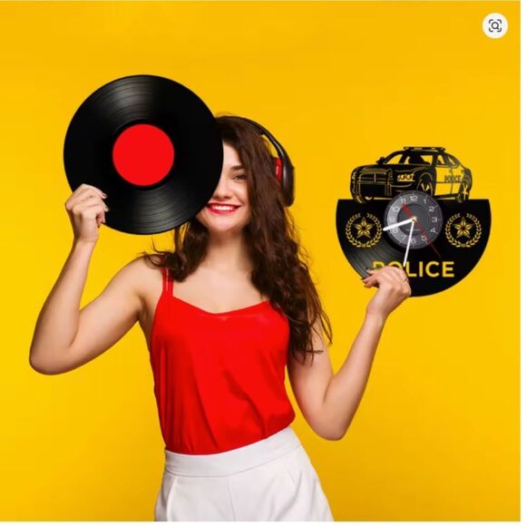 Retro Vinyl Record Laser Cut Police Car Wall Clock - Picture 2 of 2